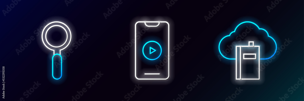Set line Cloud or online library, Magnifying glass and Online play video icon. Glowing neon. Vector