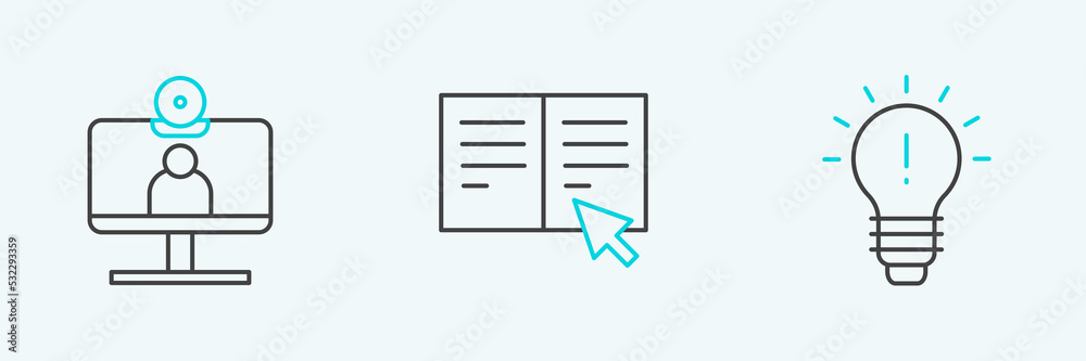 Set line Light bulb with concept of idea, Video chat conference and Online book icon. Vector Set line Light bulb with concept of idea, Video chat conference and Online book icon. Vector