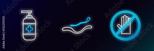 Set line No handshake, Bottle of liquid antibacterial soap and Ebola virus disease icon. Glowing neon. Vector