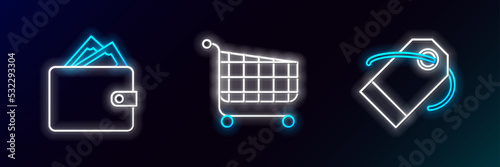 Set line Blank label template price tag, Wallet with stacks paper money cash and Shopping cart icon. Glowing neon. Vector