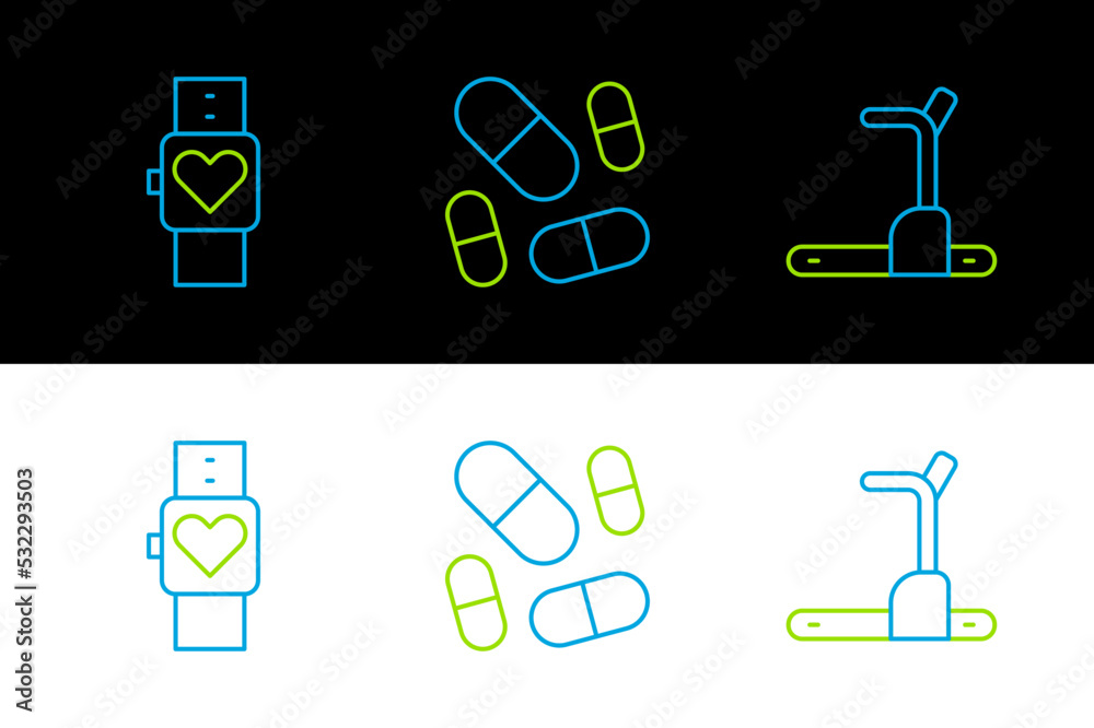Set line Treadmill machine, Smart watch and Vitamin pill icon. Vector