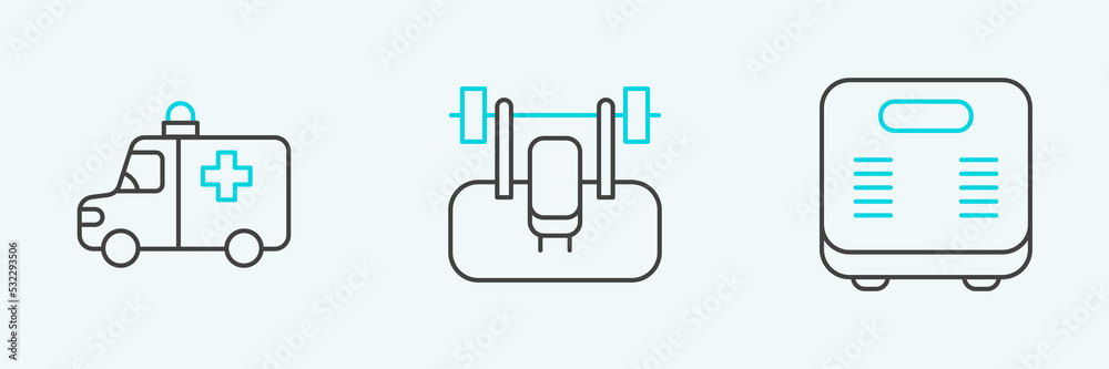 Set line Bathroom scales, Ambulance and emergency car and Bench with barbel icon. Vector Set line Bathroom scales, Ambulance and emergency car and Bench with barbel icon. Vector