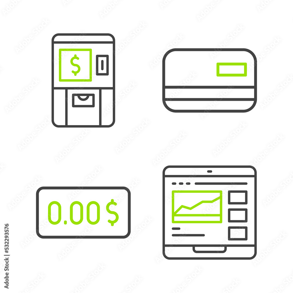 Set line Trading courses, Zero cost, Credit card and ATM and money icon. Vector