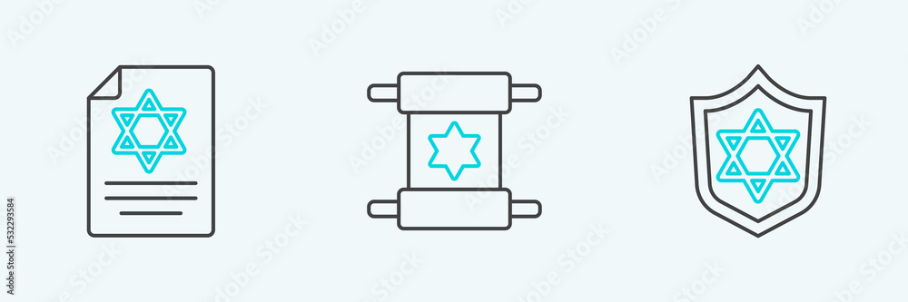 Set line Shield with Star of David, Torah scroll and icon. Vector Set line Shield with Star of David, Torah scroll and icon. Vector