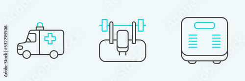 Set line Bathroom scales, Ambulance and emergency car and Bench with barbel icon. Vector