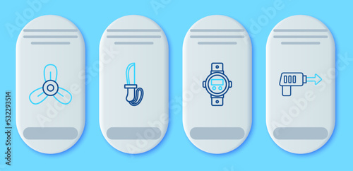 Set line Knife, Diving watch, Boat propeller, turbine and Fishing harpoon icon. Vector