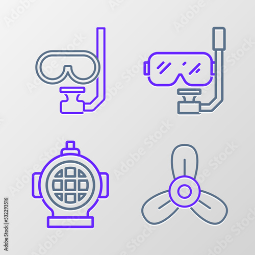 Set line Boat propeller, turbine, Aqualung, Diving mask and snorkel and icon. Vector