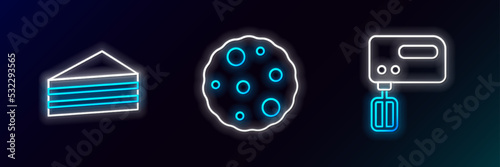 Set line Electric mixer, Cake and Cookie or biscuit icon. Glowing neon. Vector