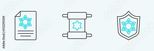 Set line Shield with Star of David, Torah scroll and icon. Vector