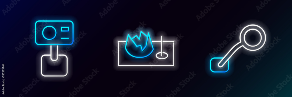 Set line Bicycle rear view mirror, Action extreme camera and street ramp icon. Glowing neon. Vector Set line Bicycle rear view mirror, Action extreme camera and street ramp icon. Glowing neon. Vector
