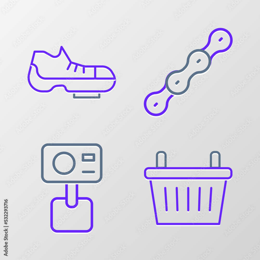 Set line Bicycle basket, Action extreme camera, chain and shoes icon. Vector Set line Bicycle basket, Action extreme camera, chain and shoes icon. Vector