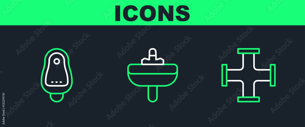 Set line Industry metallic pipe, Toilet urinal or pissoir and Washbasin icon. Vector Set line Industry metallic pipe, Toilet urinal or pissoir and Washbasin icon. Vector
