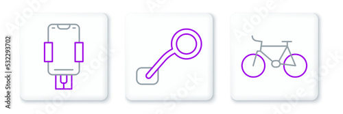 Set line Bicycle, Mobile holder and rear view mirror icon. Vector
