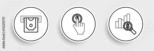 Set line Pie chart and dollar, ATM money and Hand holding coin icon. Vector