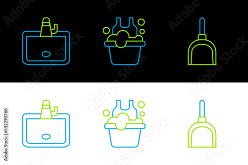 Set line Dustpan, Washbasin and Basin with soap suds icon. Vector