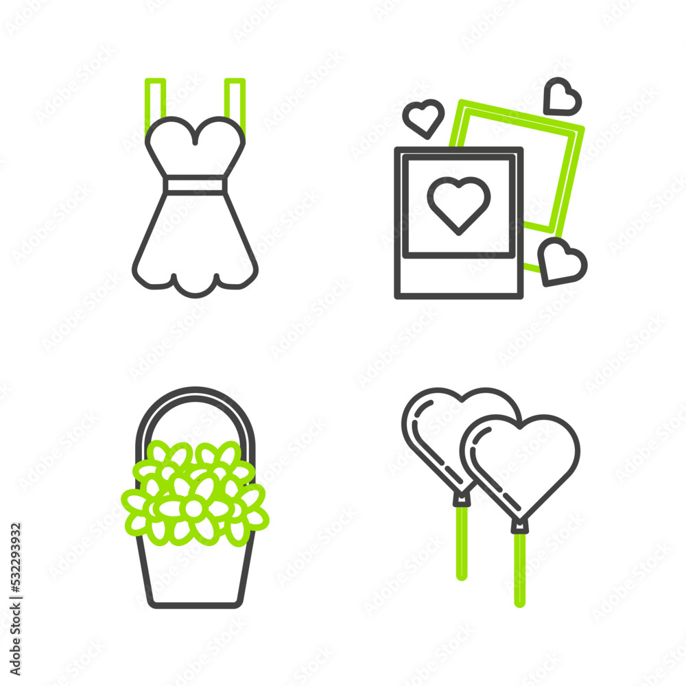 Set line Balloons in form of heart with ribbon, Flowers basket, Two blanks photo frames and hearts and Woman dress icon. Vector Set line Balloons in form of heart with ribbon, Flowers basket, Two blanks photo frames and hearts and Woman dress icon. Vector