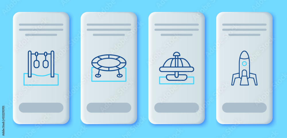 Set line Jumping trampoline, Attraction carousel, Gymnastic rings and Rocket ship icon. Vector