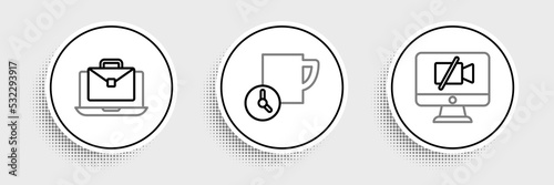 Set line Video camera Off on computer, Online working and Time management icon. Vector