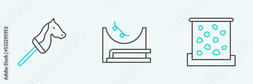Set line Climbing wall, Toy horse and Skate park icon. Vector