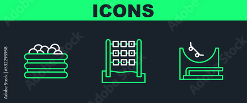 Set line Skate park, Pool with balls and Tic tac toe game icon. Vector