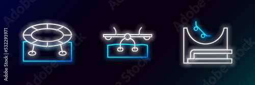 Set line Skate park, Jumping trampoline and Seesaw icon. Glowing neon. Vector