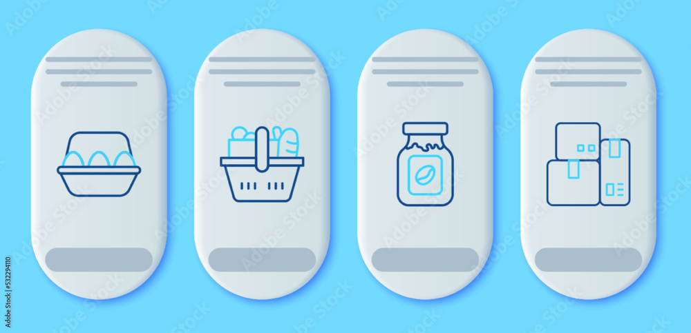 Set line Shopping basket and food, Coffee jar bottle, Chicken egg box and Cash register machine icon. Vector
