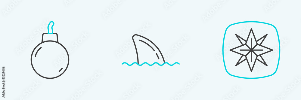 Set line Wind rose, Bomb ready to explode and Shark fin ocean wave icon. Vector Set line Wind rose, Bomb ready to explode and Shark fin ocean wave icon. Vector
