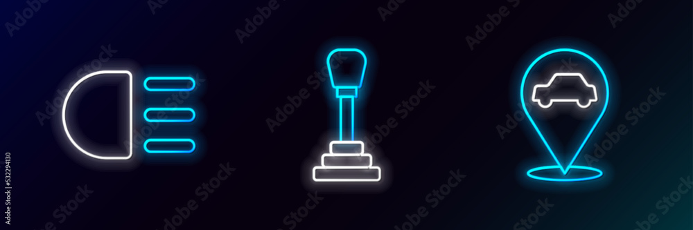Set line Location with car service, High beam and Gear shifter icon. Glowing neon. Vector Set line Location with car service, High beam and Gear shifter icon. Glowing neon. Vector