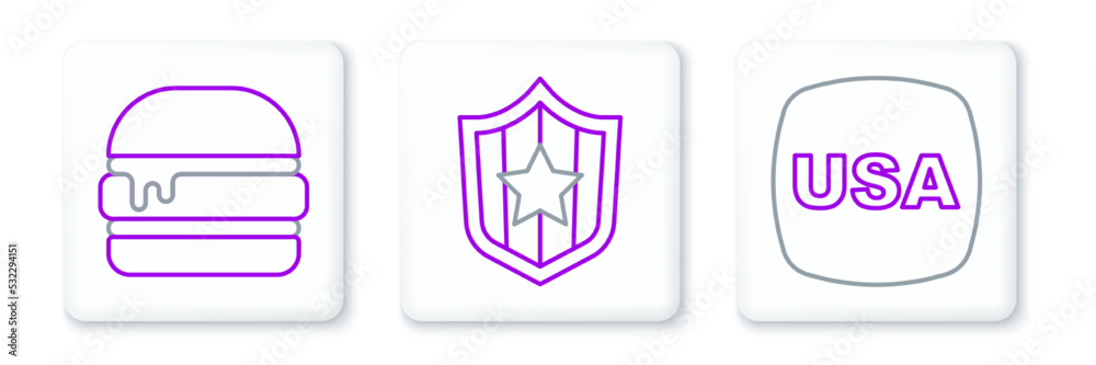 Set line USA Independence day, Burger and Shield with stars icon. Vector Set line USA Independence day, Burger and Shield with stars icon. Vector