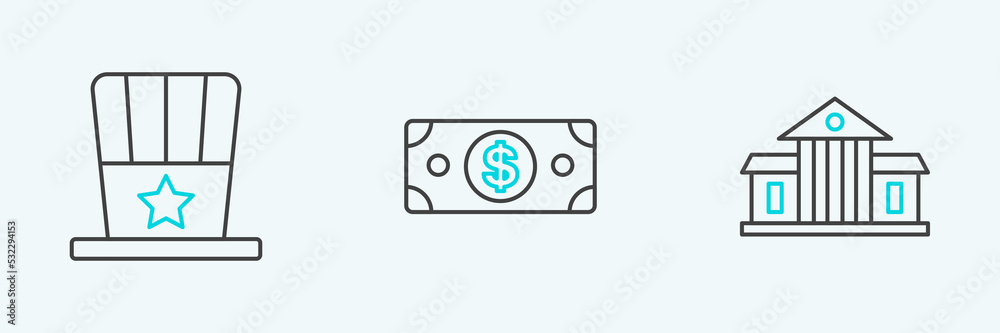 Set line White House, Patriotic American top hat and Stacks paper money cash icon. Vector Set line White House, Patriotic American top hat and Stacks paper money cash icon. Vector