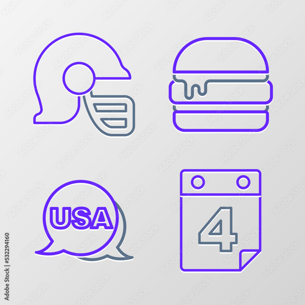 Set line Calendar with date July 4, USA Independence day, Burger and American football helmet icon. Vector Set line Calendar with date July 4, USA Independence day, Burger and American football helmet icon. Vector