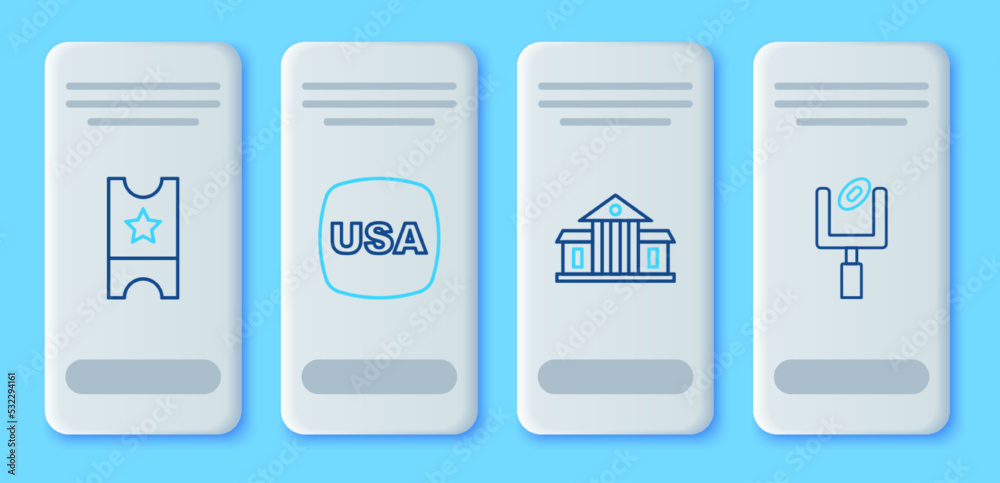Set line USA Independence day, White House, Baseball ticket and American football goal post icon. Vector