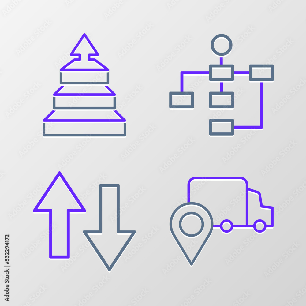 Set line Delivery tracking, Arrow, Hierarchy organogram chart and Pyramid infographics icon. Vector Set line Delivery tracking, Arrow, Hierarchy organogram chart and Pyramid infographics icon. Vector