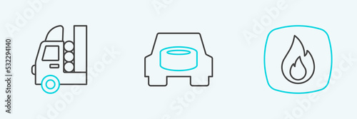 Set line Fire flame, Gas tank for vehicle and Spare wheel in the car icon. Vector