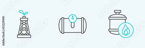Set line Propane gas tank, Oil rig and Gas for vehicle icon. Vector