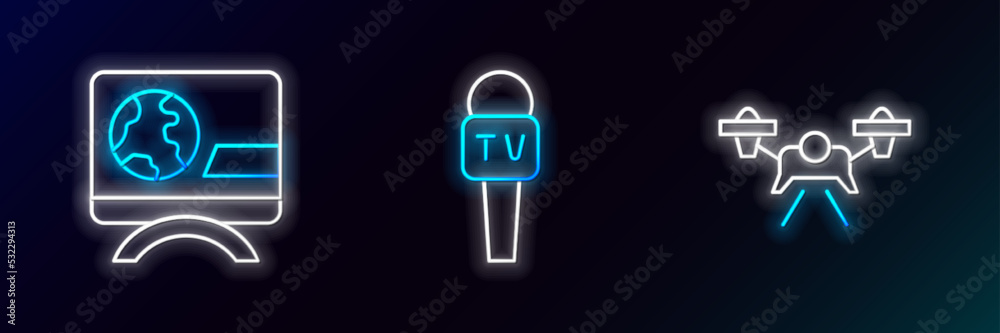 Set line Drone, Breaking news and Microphone icon. Glowing neon. Vector Set line Drone, Breaking news and Microphone icon. Glowing neon. Vector
