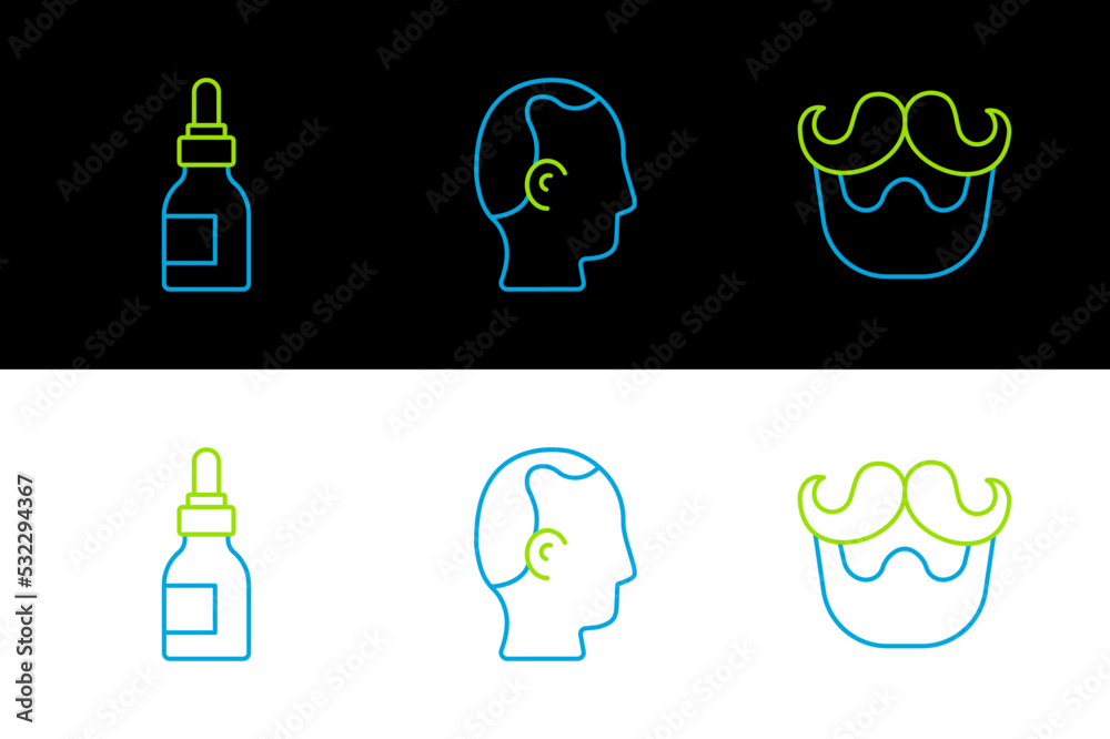 Set line Mustache and beard, Oil bottle and Baldness icon. Vector Set line Mustache and beard, Oil bottle and Baldness icon. Vector