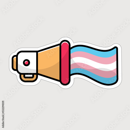 Megaphone icon with transgender pride flag. Isolated vector illustration. LGBT loudspeaker sticker. Trans community symbol. Flat voice horn. Pink blue white speaking trumpet. Simple trendy line art