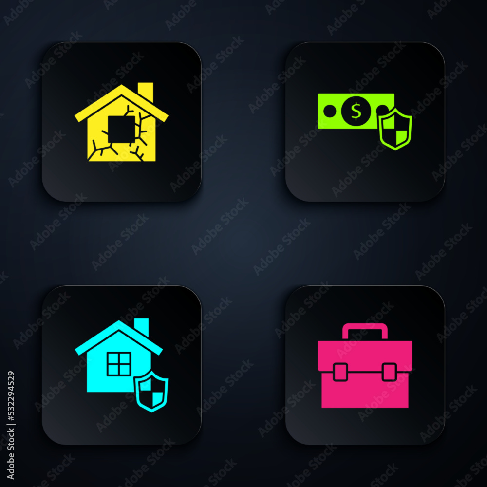 Set Briefcase, House, with shield and Money. Black square button. Vector Set Briefcase, House, with shield and Money. Black square button. Vector