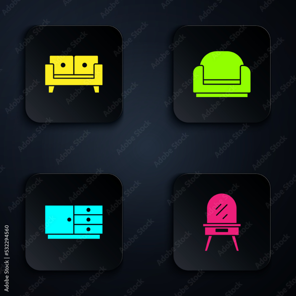 Set Dressing table, Sofa, Chest drawers and Armchair. Black square button. Vector Set Dressing table, Sofa, Chest drawers and Armchair. Black square button. Vector