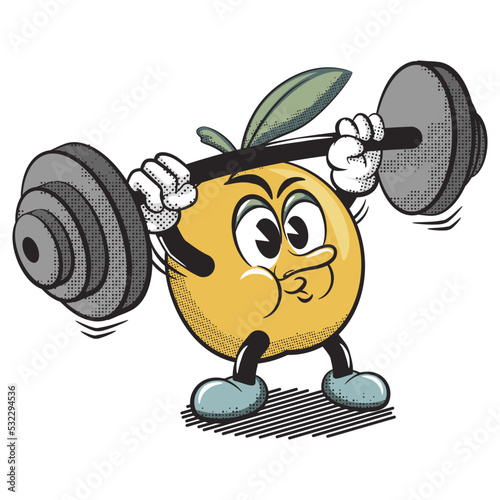 vector illustration of vintage cartoon character of orange fruit practicing lifting barbell
