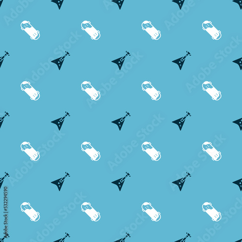 Set Electric bass guitar and Skateboard trick on seamless pattern. Vector