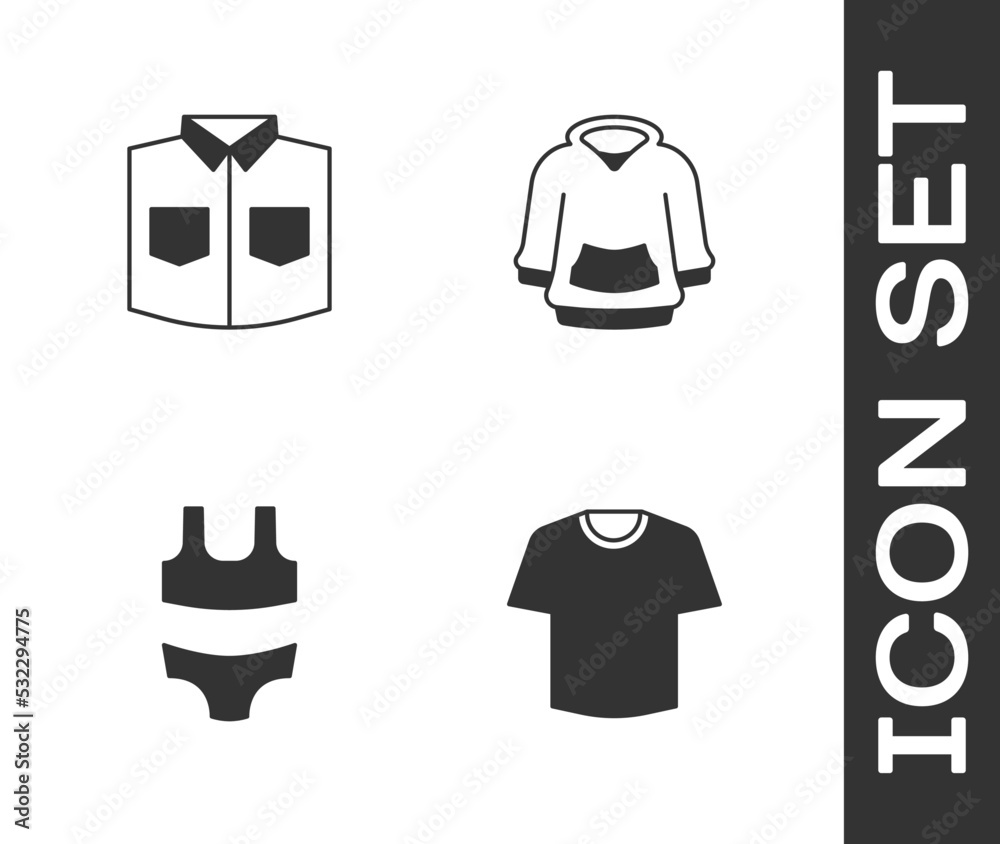 Set T-shirt, Shirt, Swimsuit and Hoodie icon. Vector Set T-shirt, Shirt, Swimsuit and Hoodie icon. Vector
