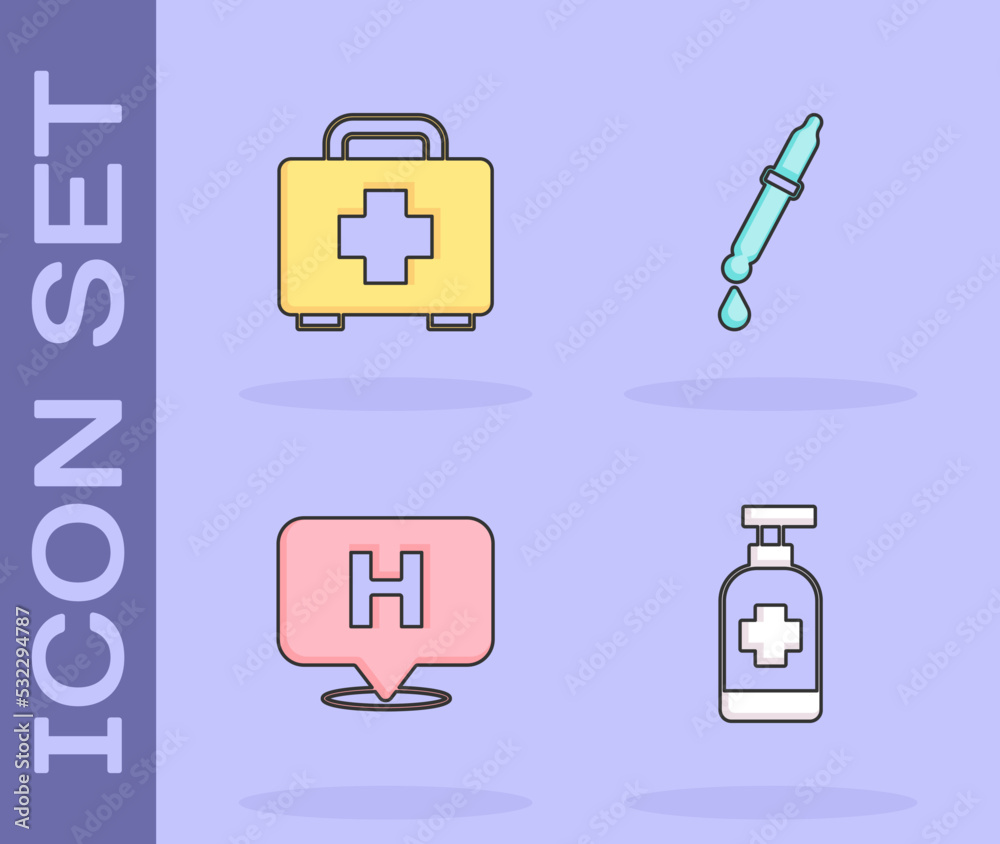 Set Antibacterial soap, First aid kit, Location hospital and Pipette icon. Vector Set Antibacterial soap, First aid kit, Location hospital and Pipette icon. Vector