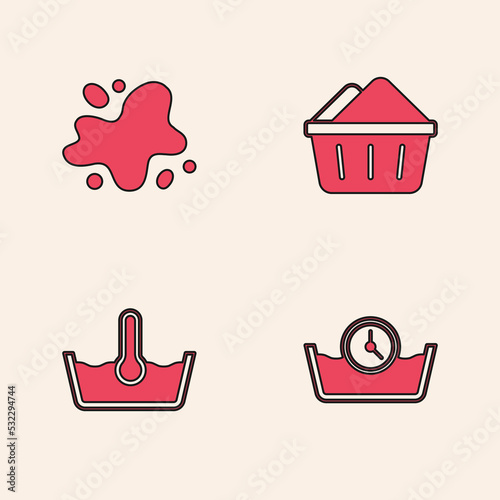 Set Time wash, Water spill, Basin with soap suds and Temperature icon. Vector