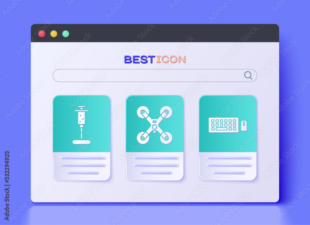 Set Drone flying, Syringe and Keyboard and mouse icon. Vector Set Drone flying, Syringe and Keyboard and mouse icon. Vector