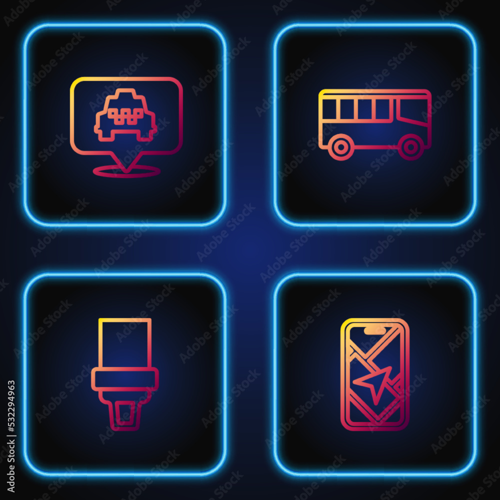 Set line City map navigation, Safety belt, Location with taxi and Bus. Gradient color icons. Vector Set line City map navigation, Safety belt, Location with taxi and Bus. Gradient color icons. Vector