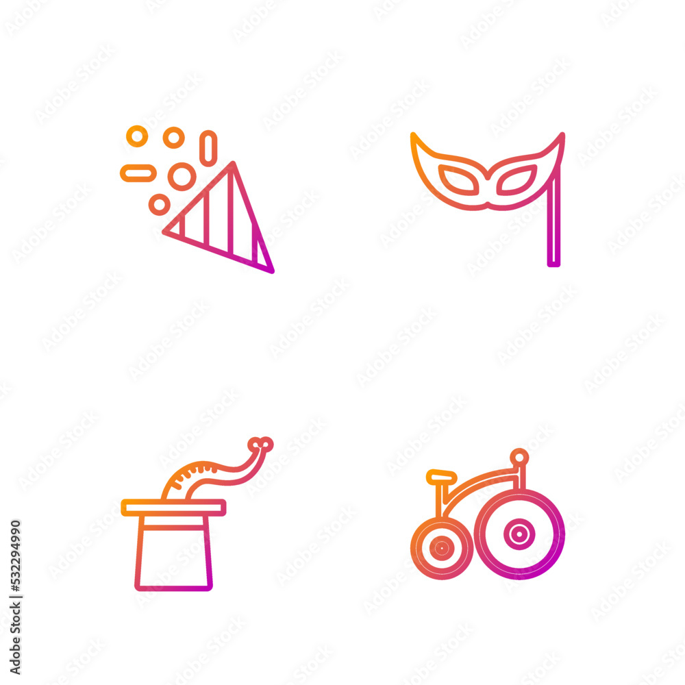 Set line Vintage bicycle, Magician hat, Festive confetti and mask. Gradient color icons. Vector