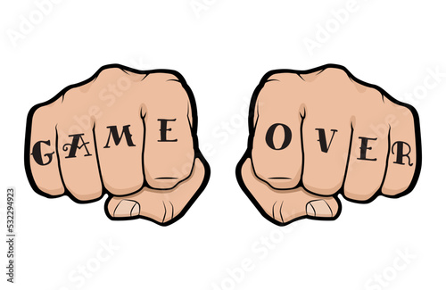 Fist with Game Over tattoo on fingers, front view of a man fist with tattoo