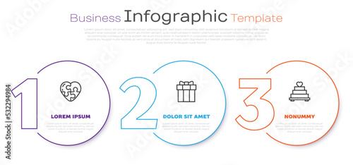 Set line Heart, Gift box and Wedding cake with heart. Business infographic template. Vector